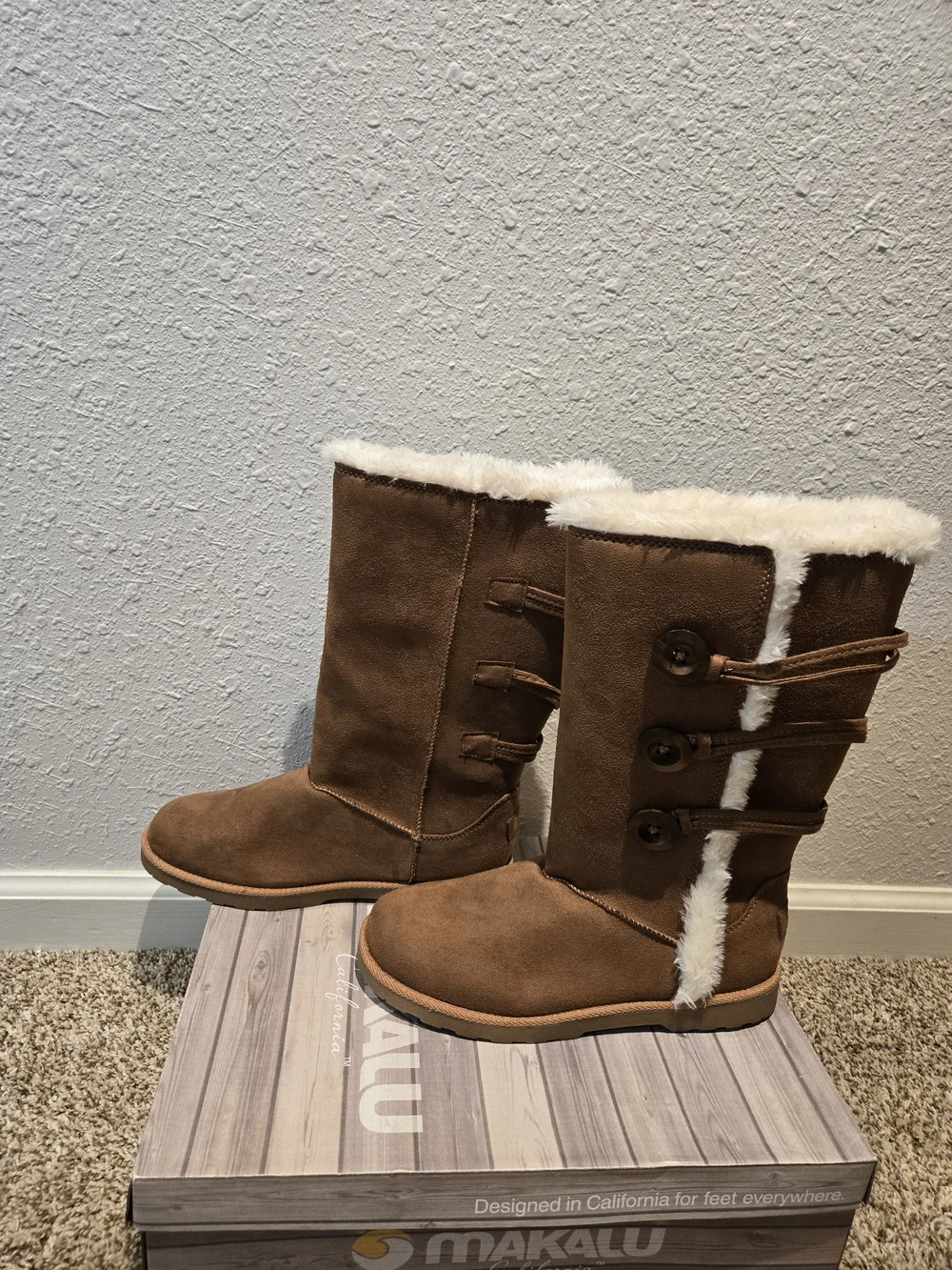 Makalu Women’s Chestnut Faux-Suede Knee Boots with Faux-Fur Trim